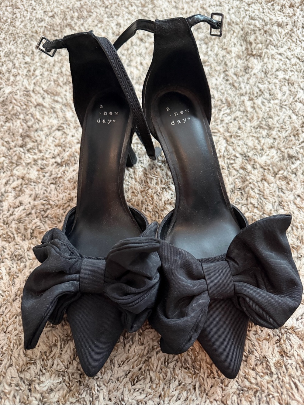 a new day Black Pointed-Toe Bow Ankle-Strap Heels - only worn a few times